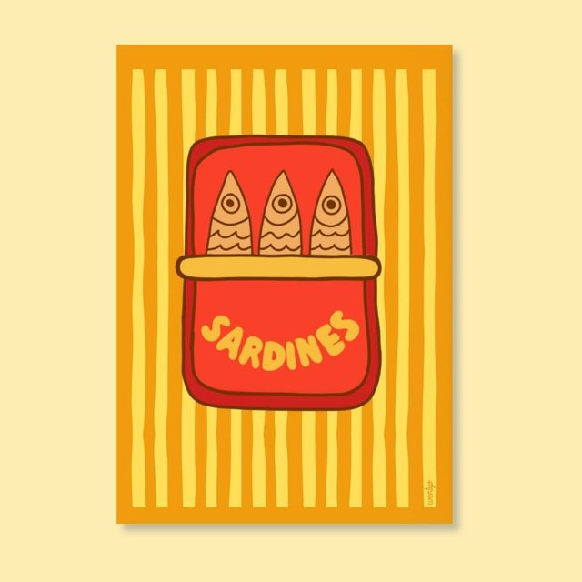 Affiche boîte de sardines sur rayures jaunes