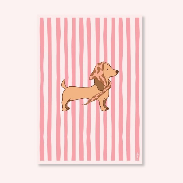 Affiche teckel chic sur rayures roses