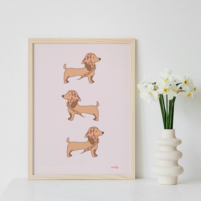 Affiche trio de teckels au foulard léopard