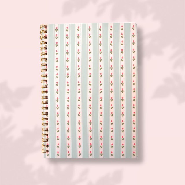 Carnet A5 à spirale tulipes et rayures vert sauge
