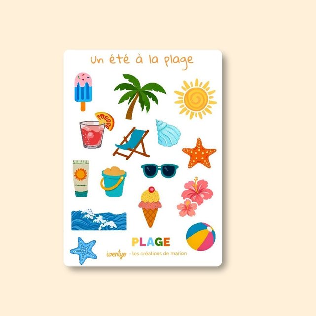Planche de stickers Un été à la plage Iventyo sur fond crème