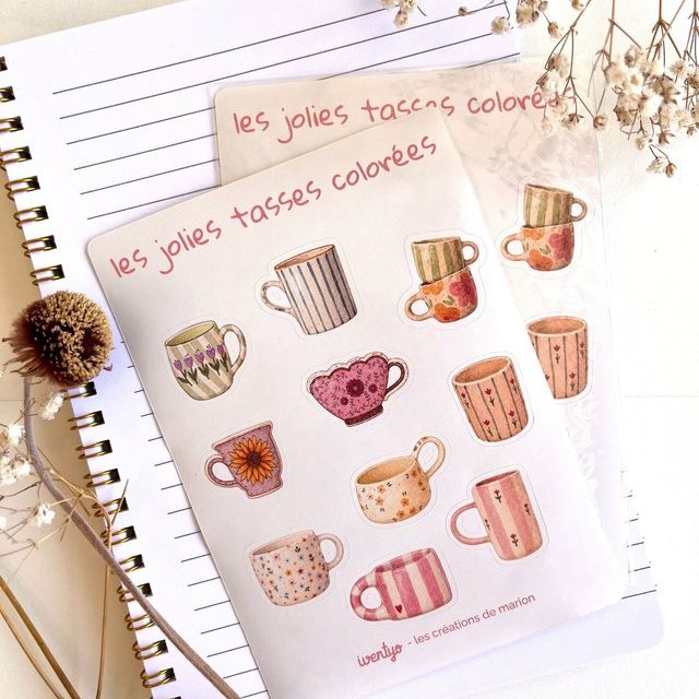Planche de stickers jolies tasses colorées A6