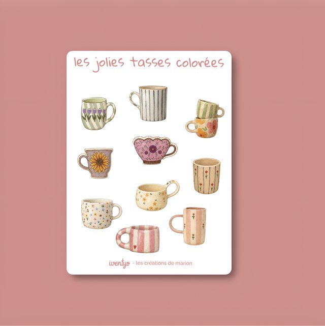 Planche de stickers Les jolies tasses colorées Iventyo sur fond vieux rose